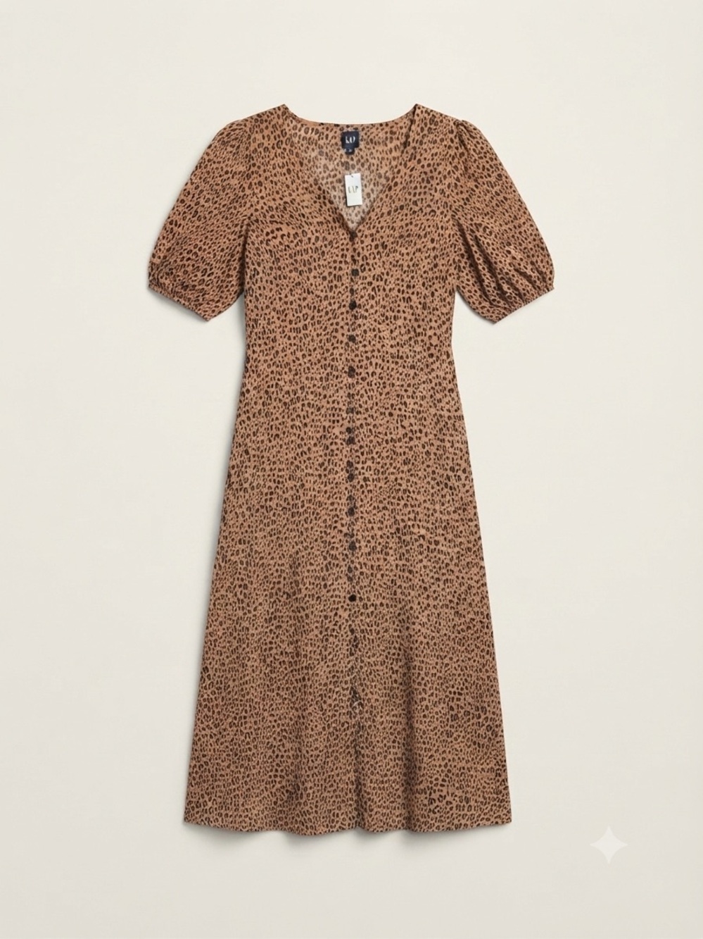 GAP Leopard Print Midi Dress Women's Size 2 Button Front Puff Sleeve NWT Safari